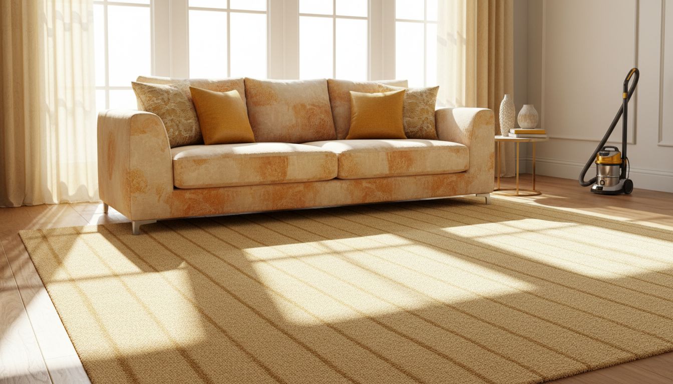 Clean sofa and carpet area with a visible vacuum track pattern and sunlit windows—professional, high-quality photo