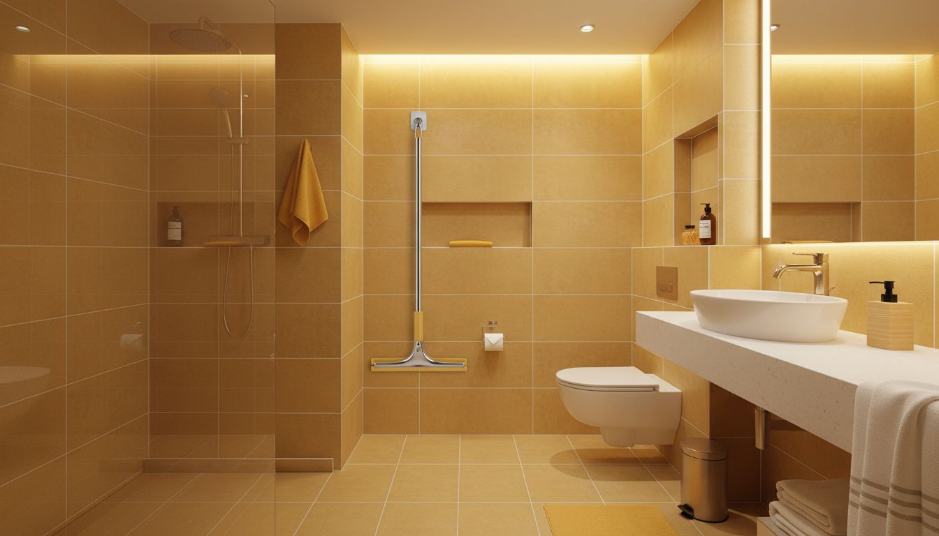 Spotless bathroom with dry tiles, squeegee hanging neatly, and good lighting—professional, high-quality photo