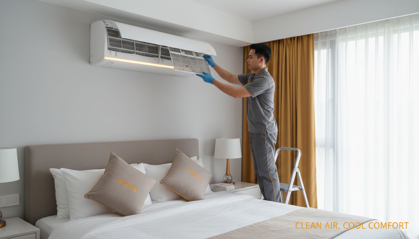 Wall-mounted split-type aircon in a clean bedroom with a technician cleaning the filter—professional, high-quality photo