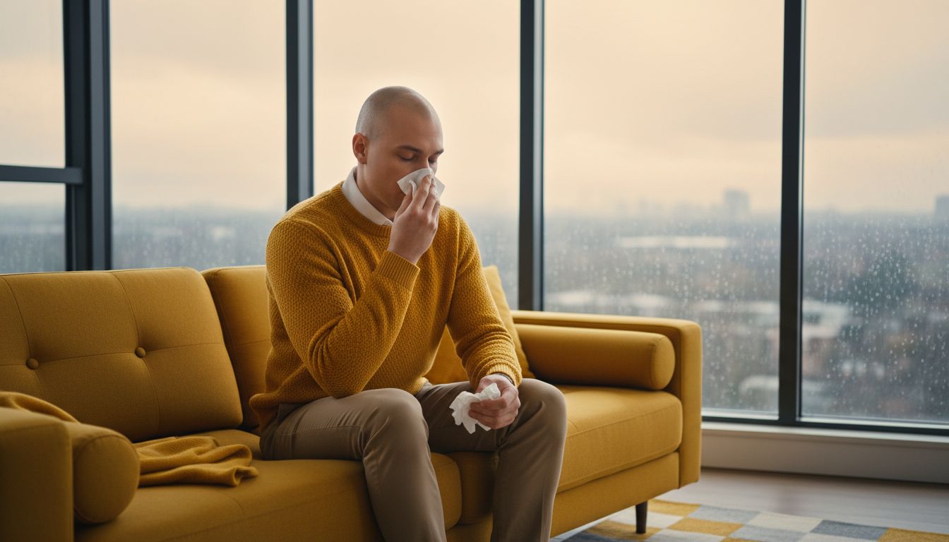 Person sitting on a sofa holding tissue with a window showing rainy weather outside—professional, high-quality photo