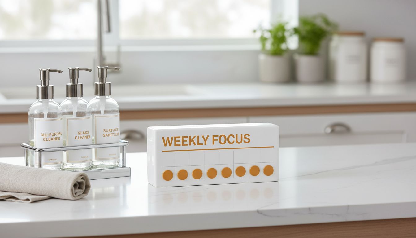 Minimalist weekly calendar on a kitchen counter with cleaning supplies neatly stored—professional, high-quality photo