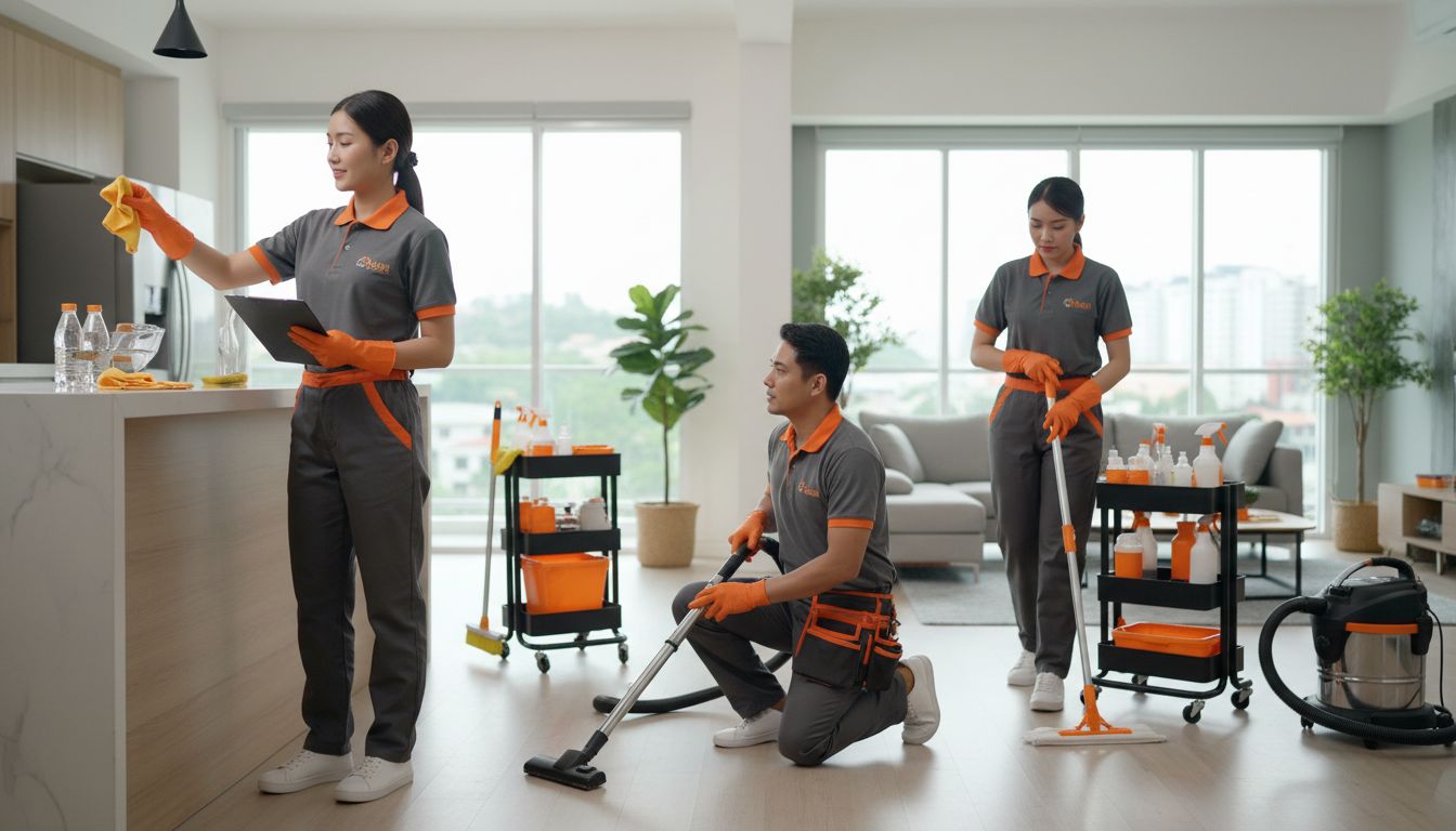 Professional cleaning team in uniform using checklist and equipment in a modern CDO home—professional, high-quality photo