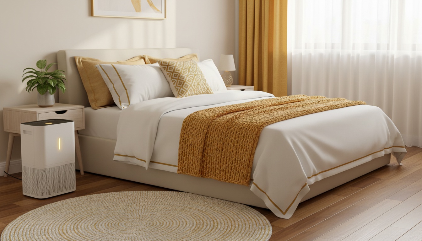 Clean, cozy bedroom with a dehumidifier and neatly made bed—professional, high-quality photo