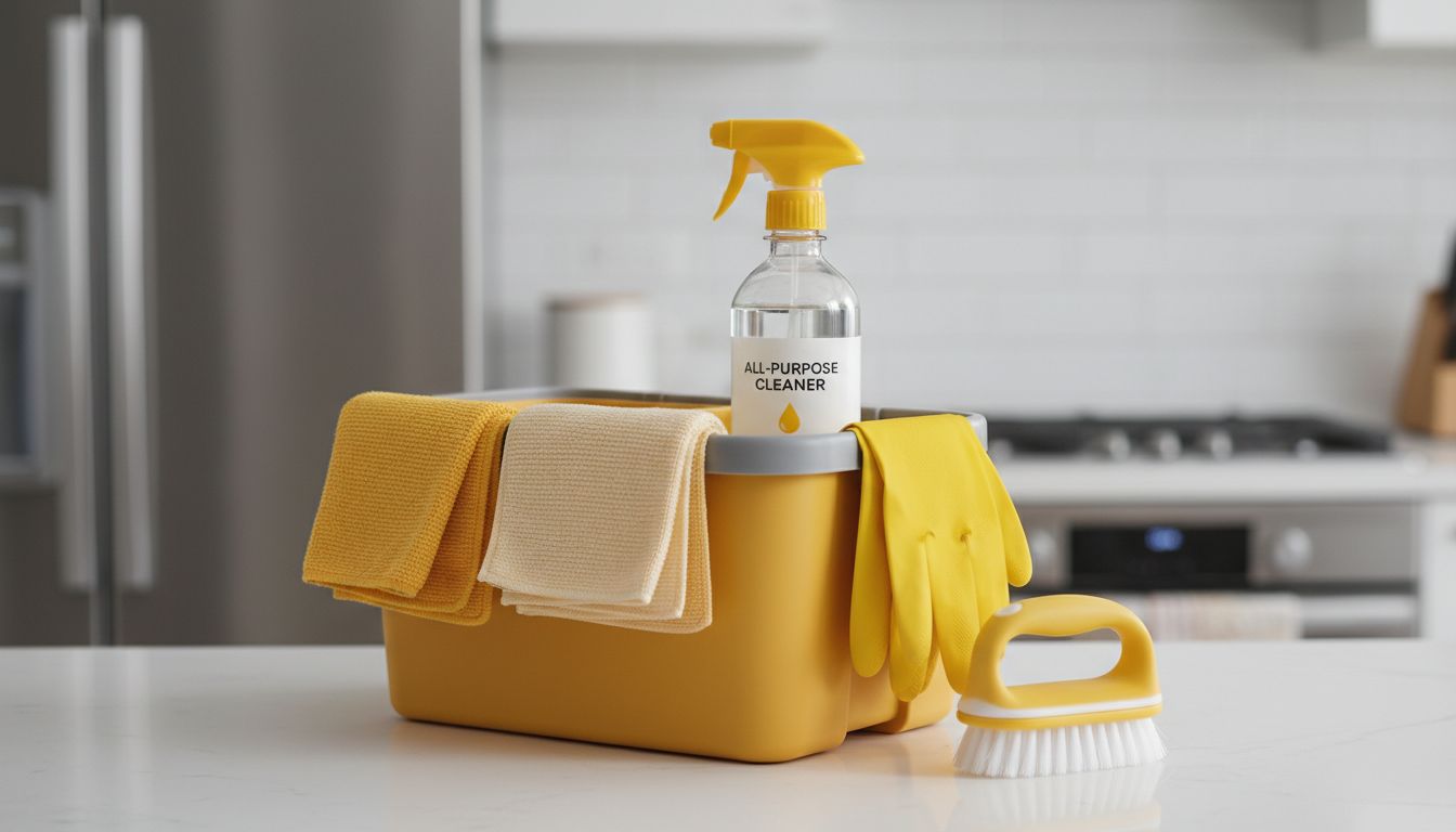 A neatly arranged cleaning caddy with microfiber cloths, a spray bottle, gloves, and a handheld brush on a kitchen counter