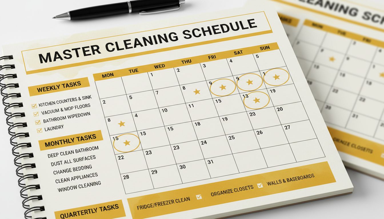 A professional, planner-style calendar layout with cleaning tasks labeled weekly, monthly, and quarterly