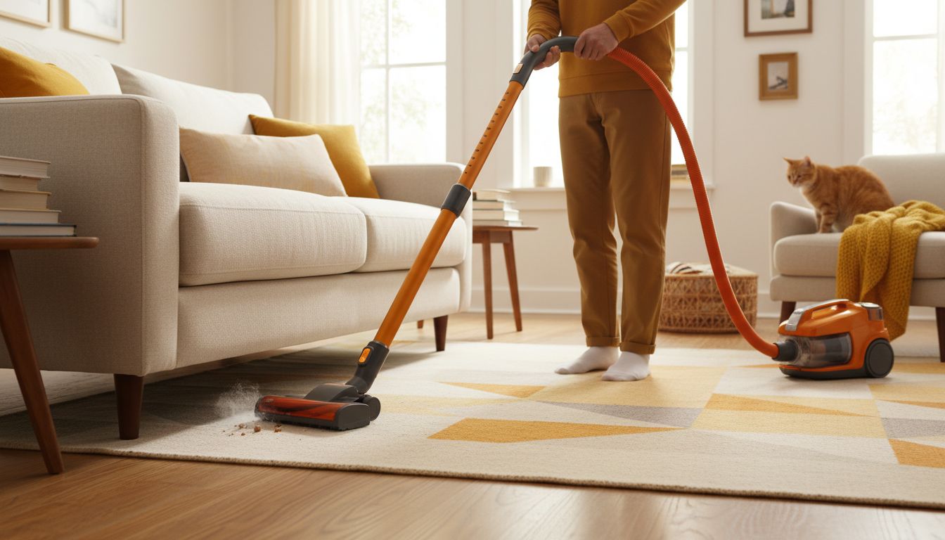 A homeowner vacuuming under a sofa with a vacuum attachment, showing a realistic lived-in home environment
