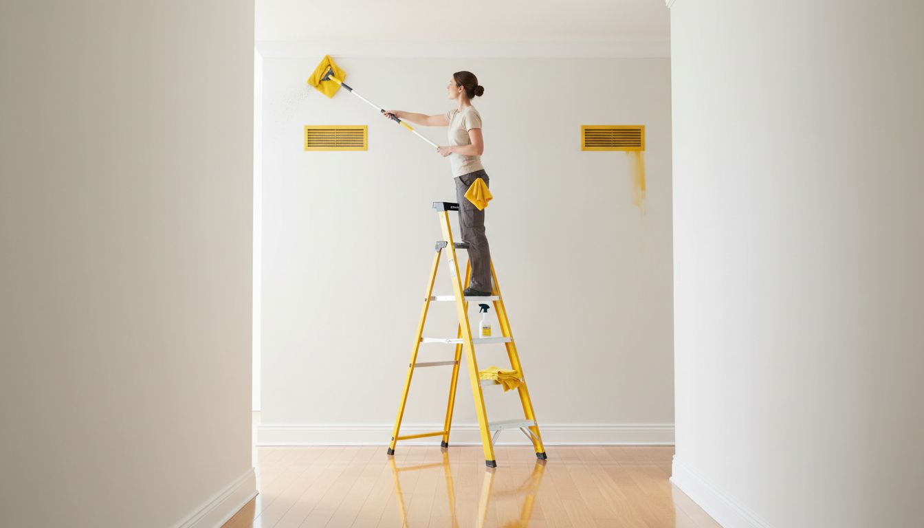 A clean, airy hallway with a step ladder, microfiber cloths, and a homeowner wiping high wall corners and vents