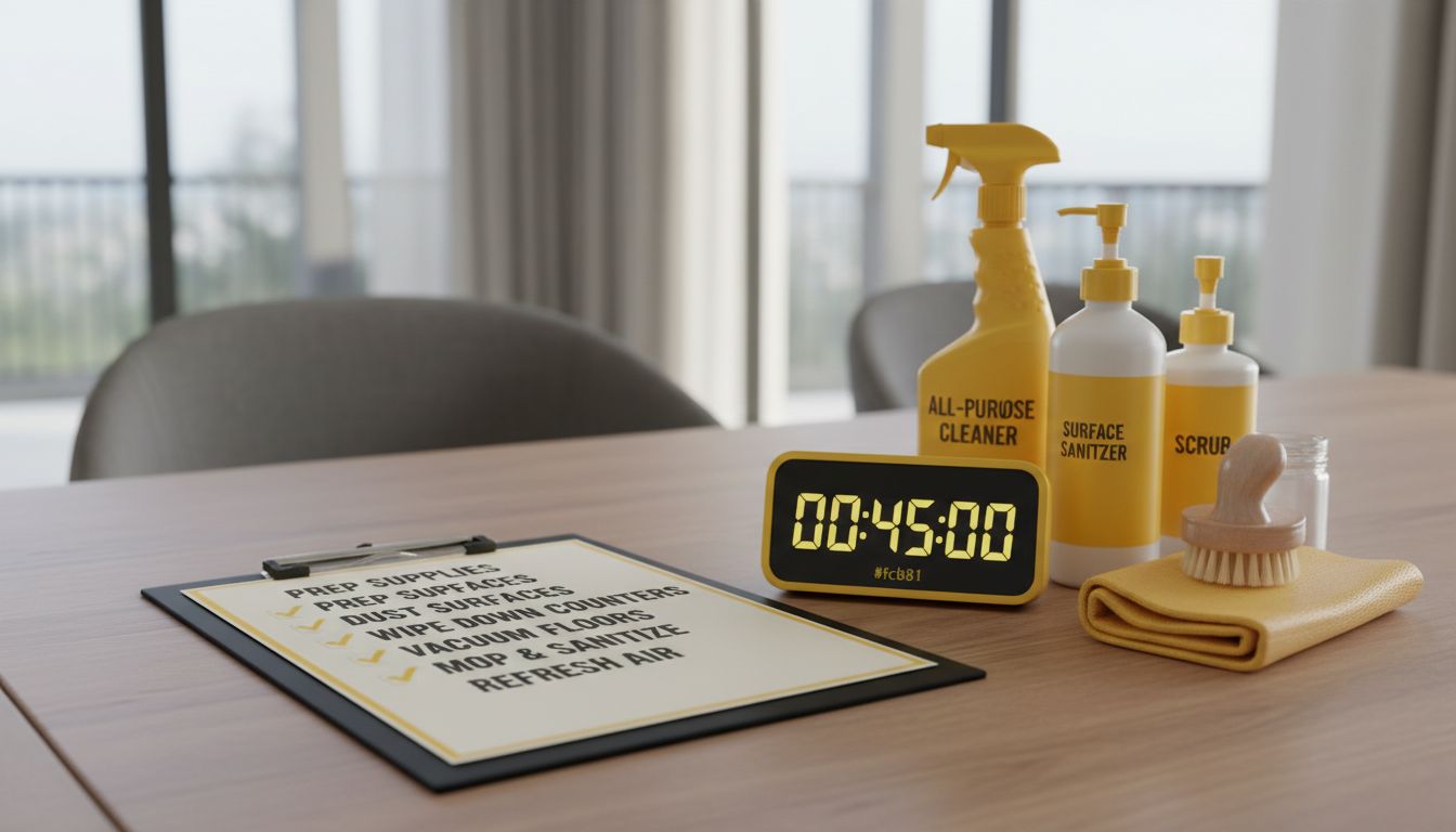 A checklist on a clipboard beside a timer and cleaning supplies on a dining table, showing an organized plan-of-attack