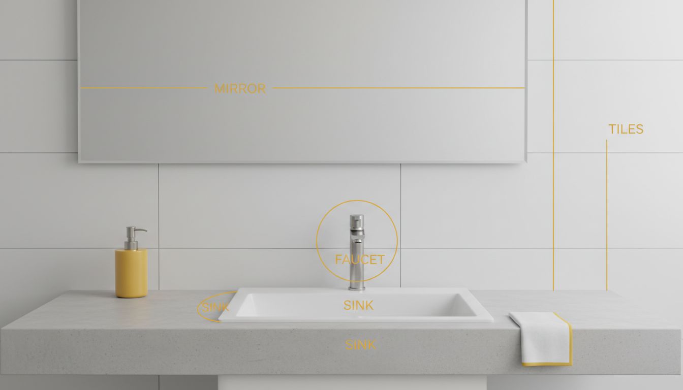 A clean, professional-looking bathroom vanity with labeled cleaning zones (mirror, sink, faucet, tiles) in a minimal design