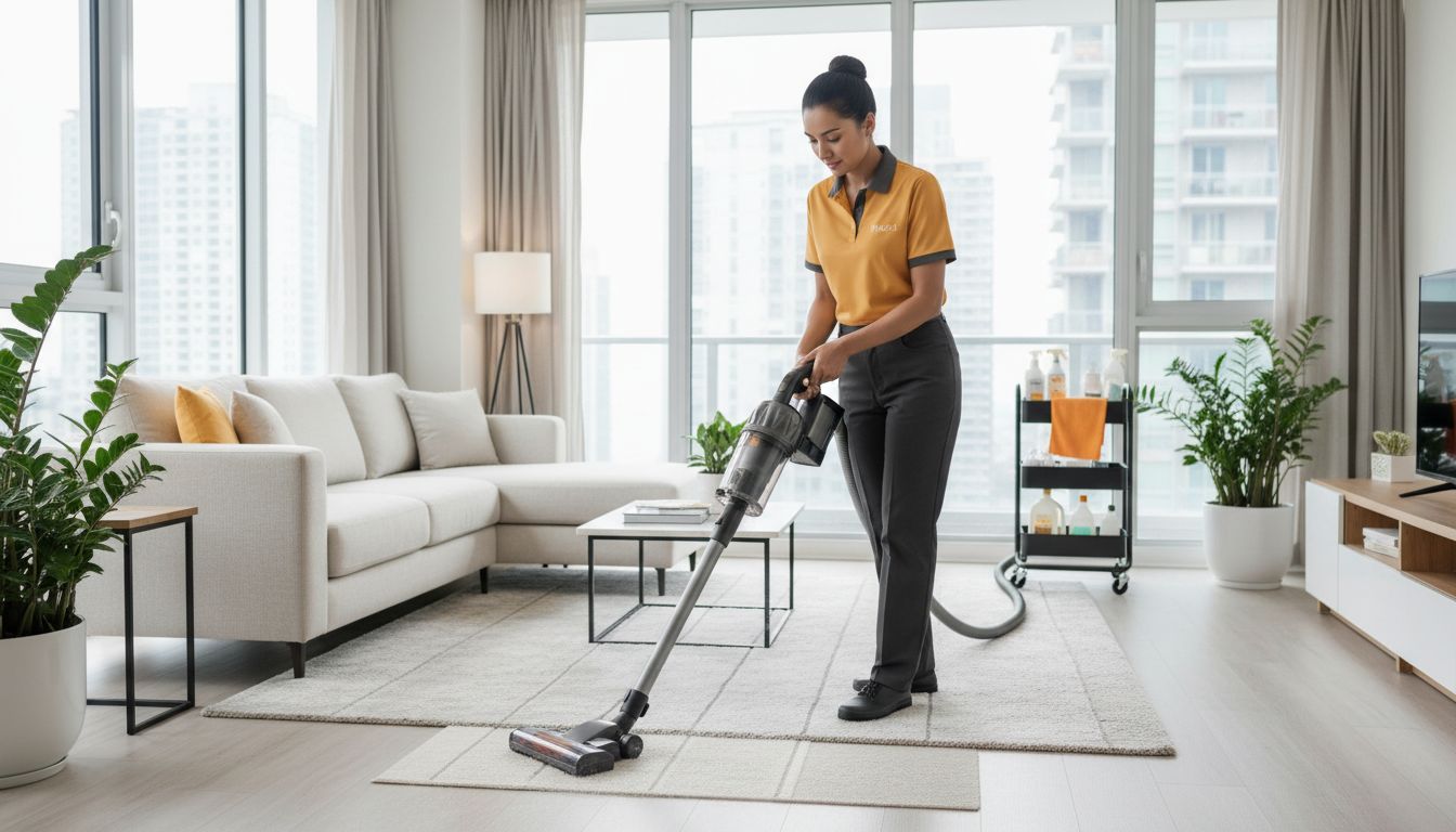 A professional cleaner in uniform using a vacuum in a modern condo living room, conveying efficiency and attention to detail