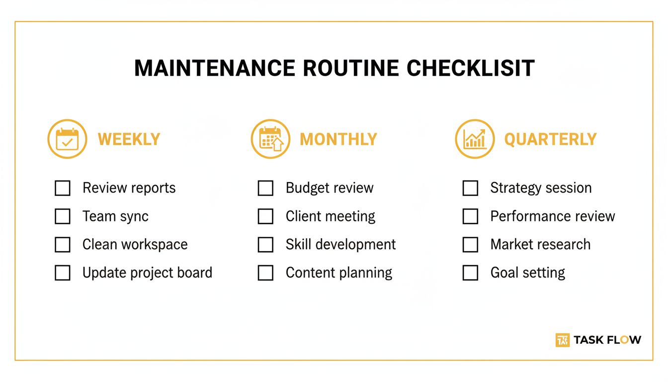 A printable-style checklist layout on a clean white background with icons for weekly, monthly, and quarterly tasks