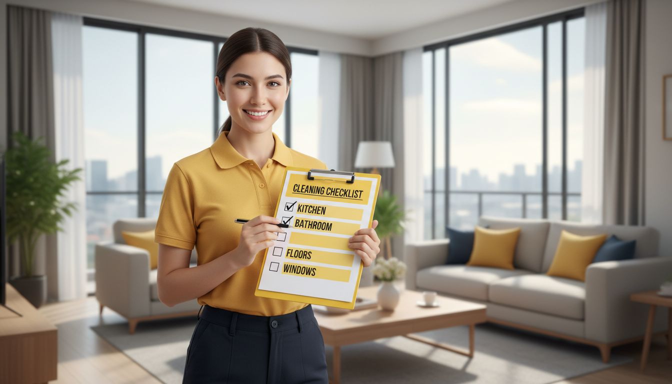 A cleaner holding a checklist clipboard inside a living room, with labeled sections like kitchen, bathroom, floors, and windows