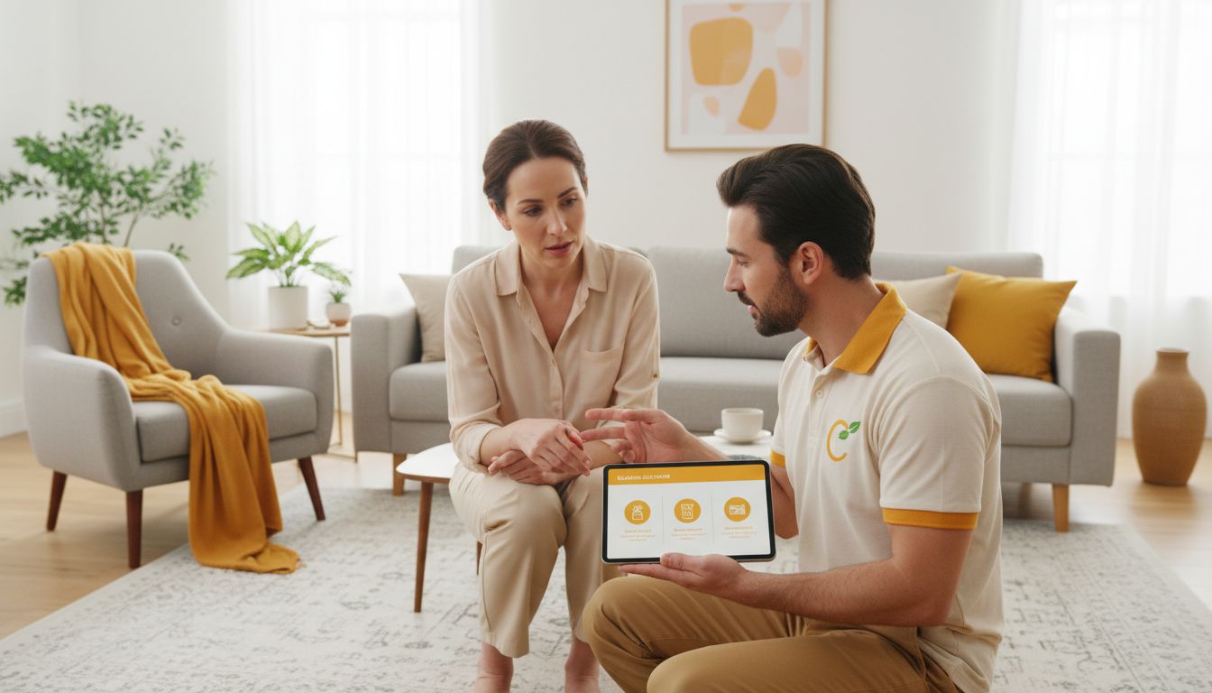 A cleaner pointing at a small stain on a couch cushion while explaining options to a homeowner in a bright living room