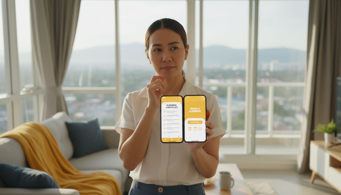 Busy homeowner in a bright CDO condo deciding between a cleaning checklist and a booking page on a phone