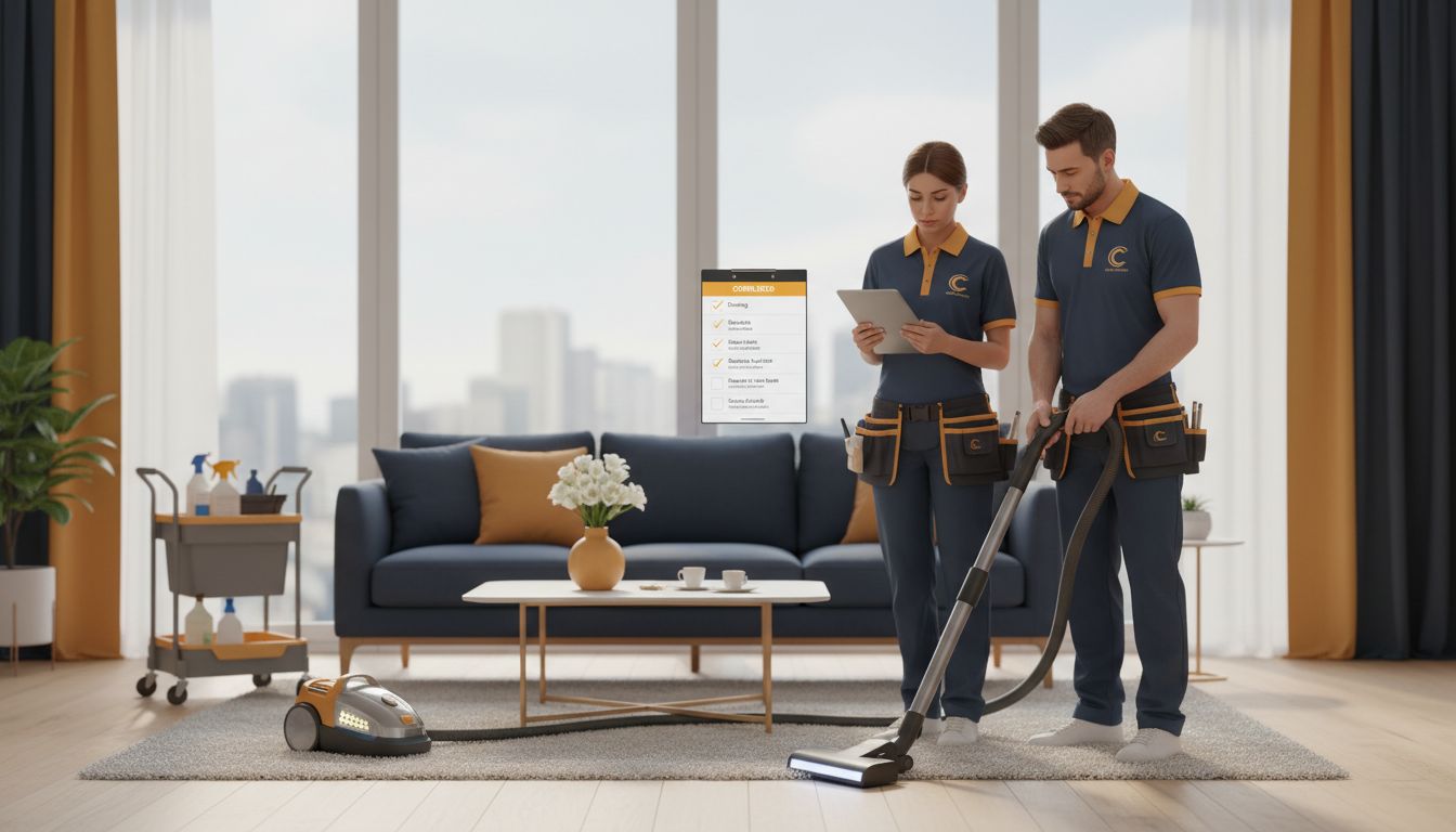 Professional cleaner following a checklist while another uses a vacuum in a modern living room