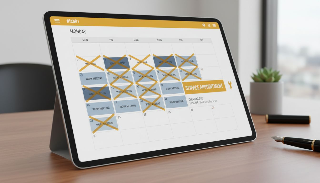 Calendar with blocked work meetings and a highlighted “cleaning day” replaced by a booked service appointment