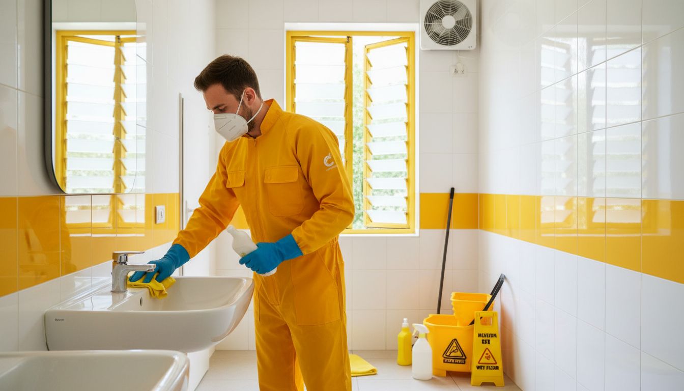 Cleaner wearing gloves and mask working carefully around a bathroom with proper ventilation