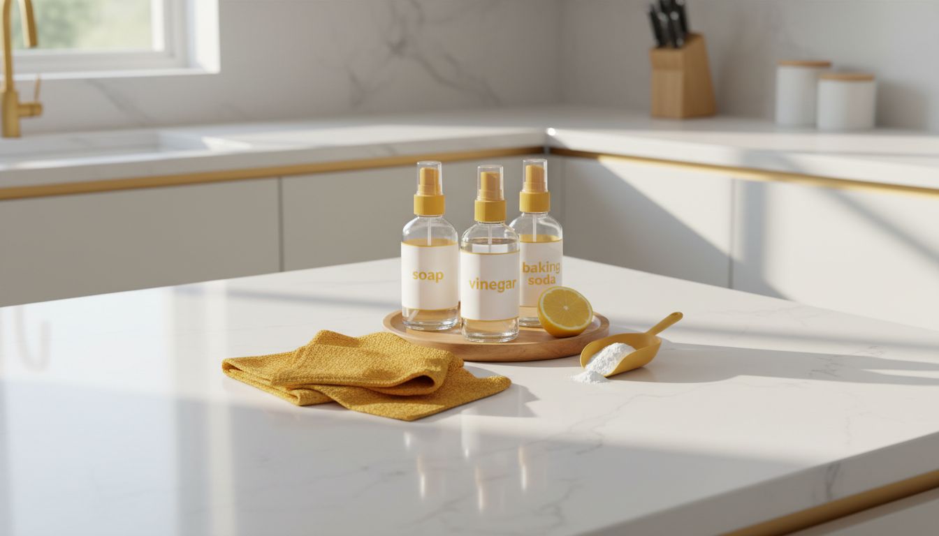 A clean, bright kitchen counter with a small stain-removal kit (microfiber cloths, spray bottles labeled “soap,” “vinegar,” “baking soda”), styled professionally
