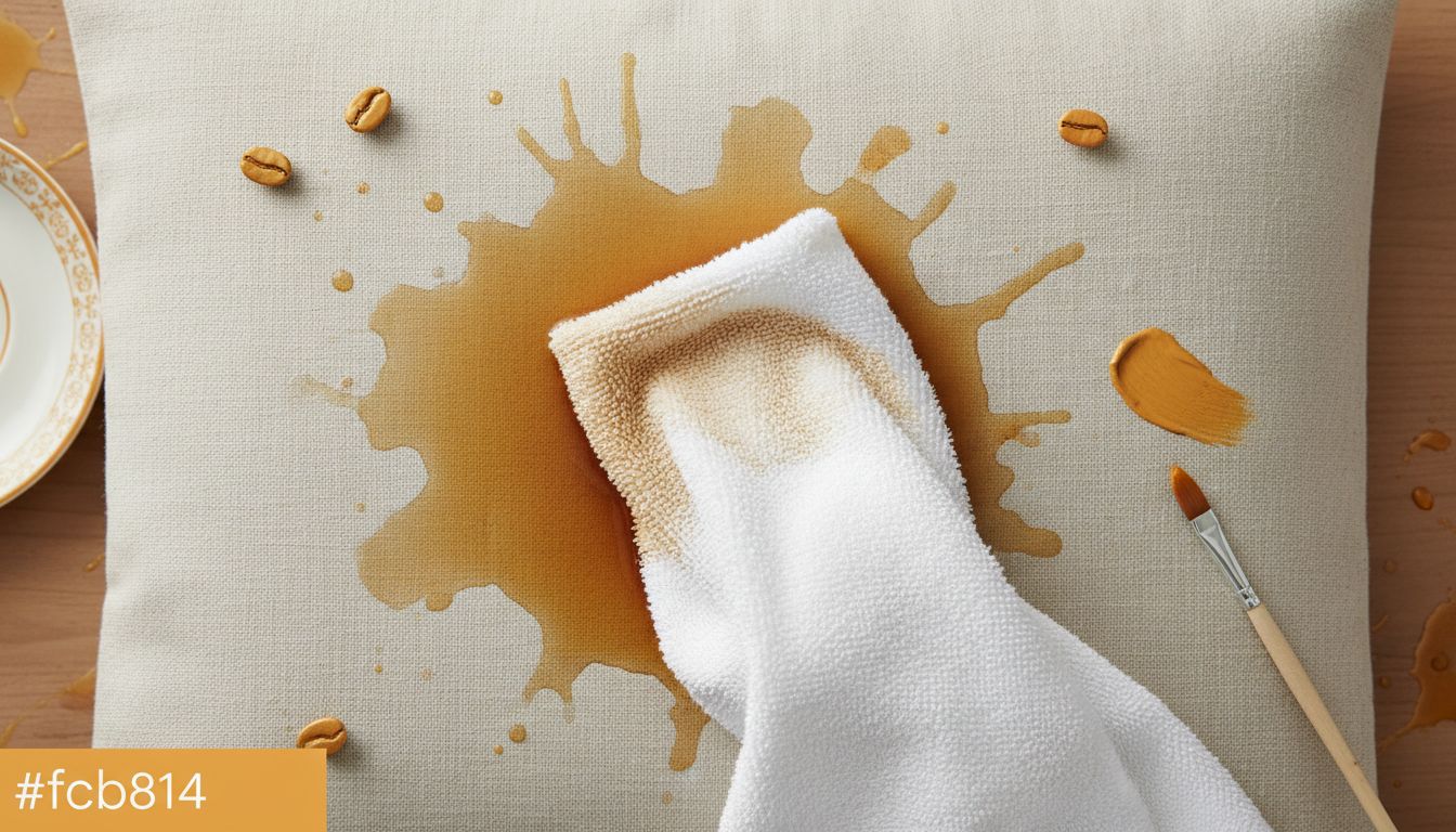 A coffee spill on a light fabric cushion being blotted with a white towel, professional staged shot