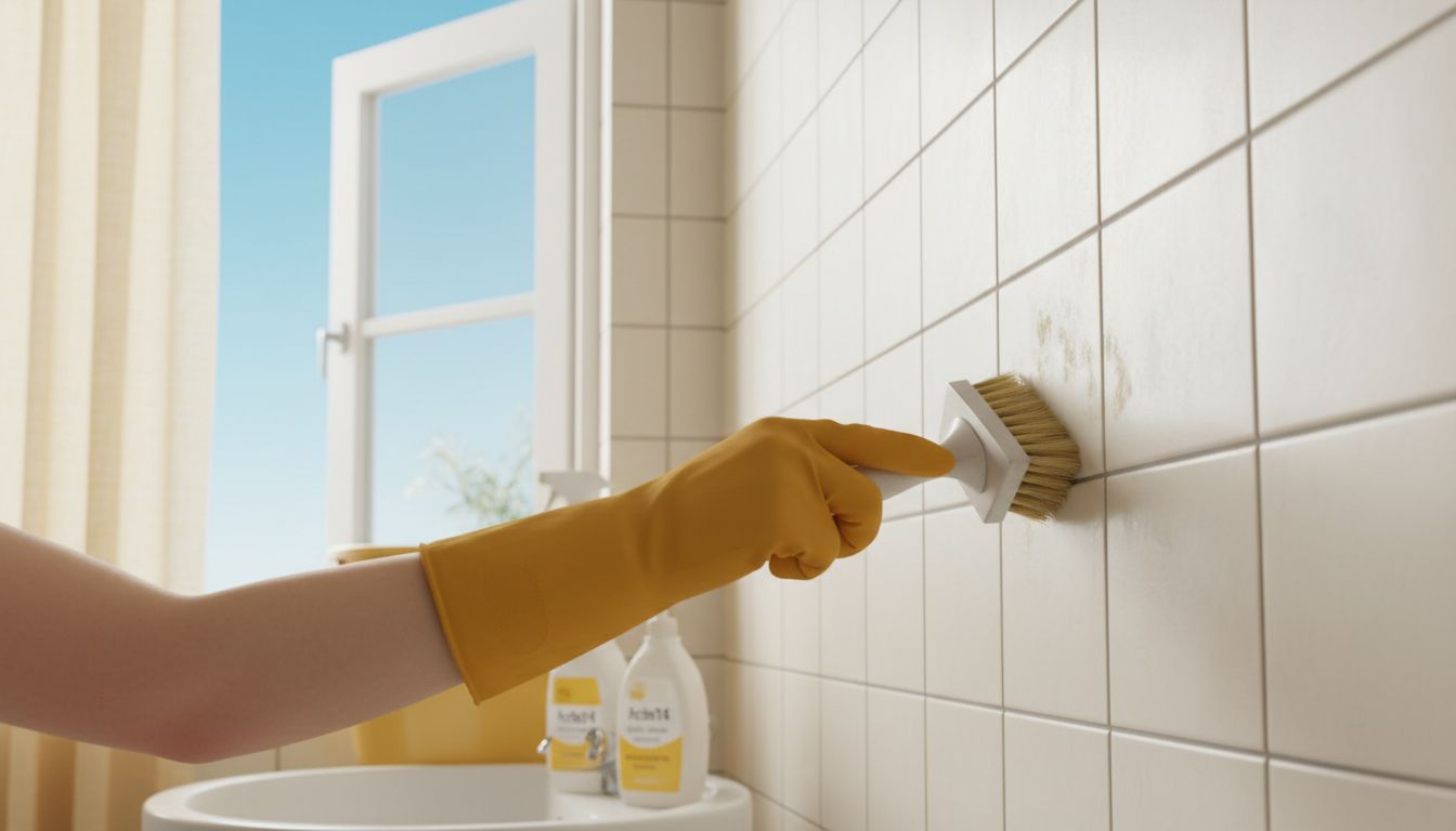 A bright bathroom scene with a gloved hand cleaning light mold spots on tile grout using a soft brush, window open for ventilation