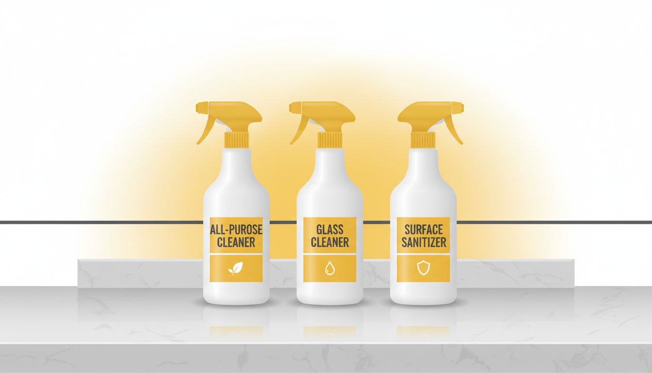 A professional, minimal graphic-style scene of labeled spray bottles beside a clean countertop, designed for a blog layout