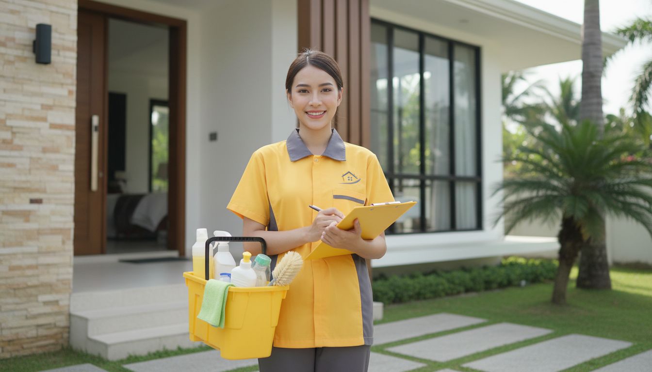 Professional cleaner arriving at a modern home in Cagayan de Oro with a checklist and cleaning caddy