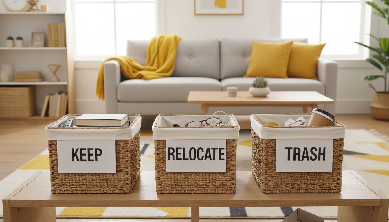 Neat living room with labeled baskets for quick declutter—keep, relocate, trash