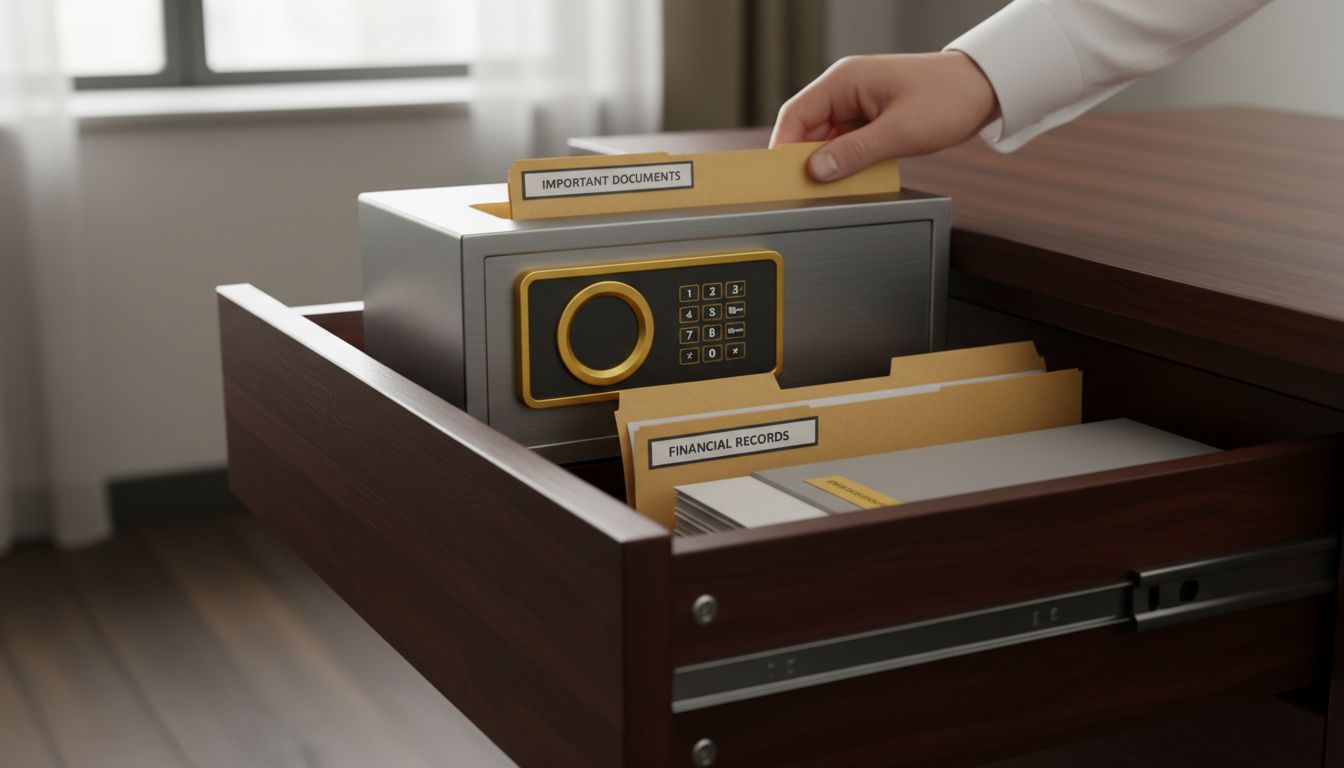 Close-up of a small home safe and a labeled folder being placed inside a drawer