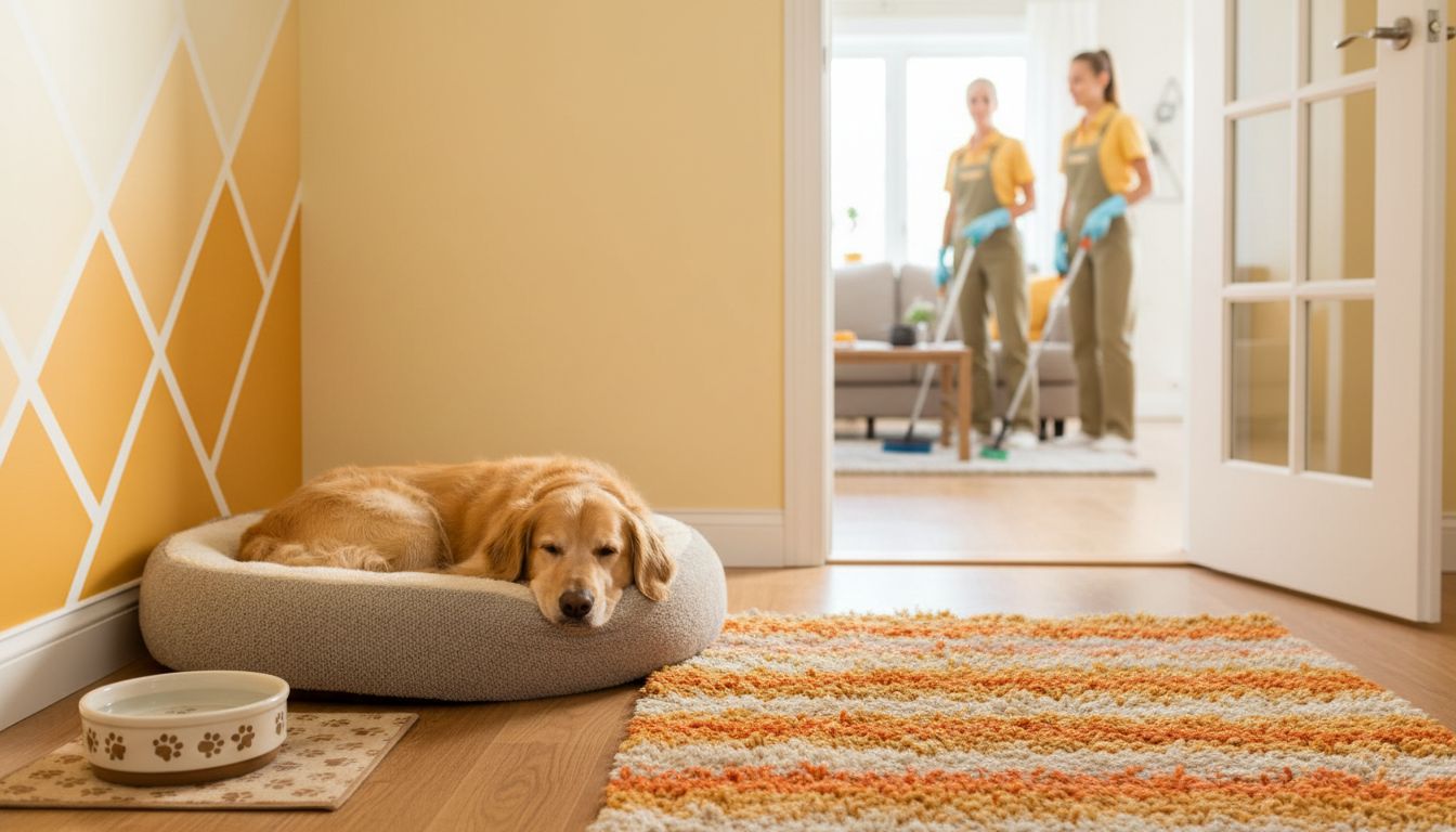 Friendly dog resting in a separate room with a water bowl while cleaners work