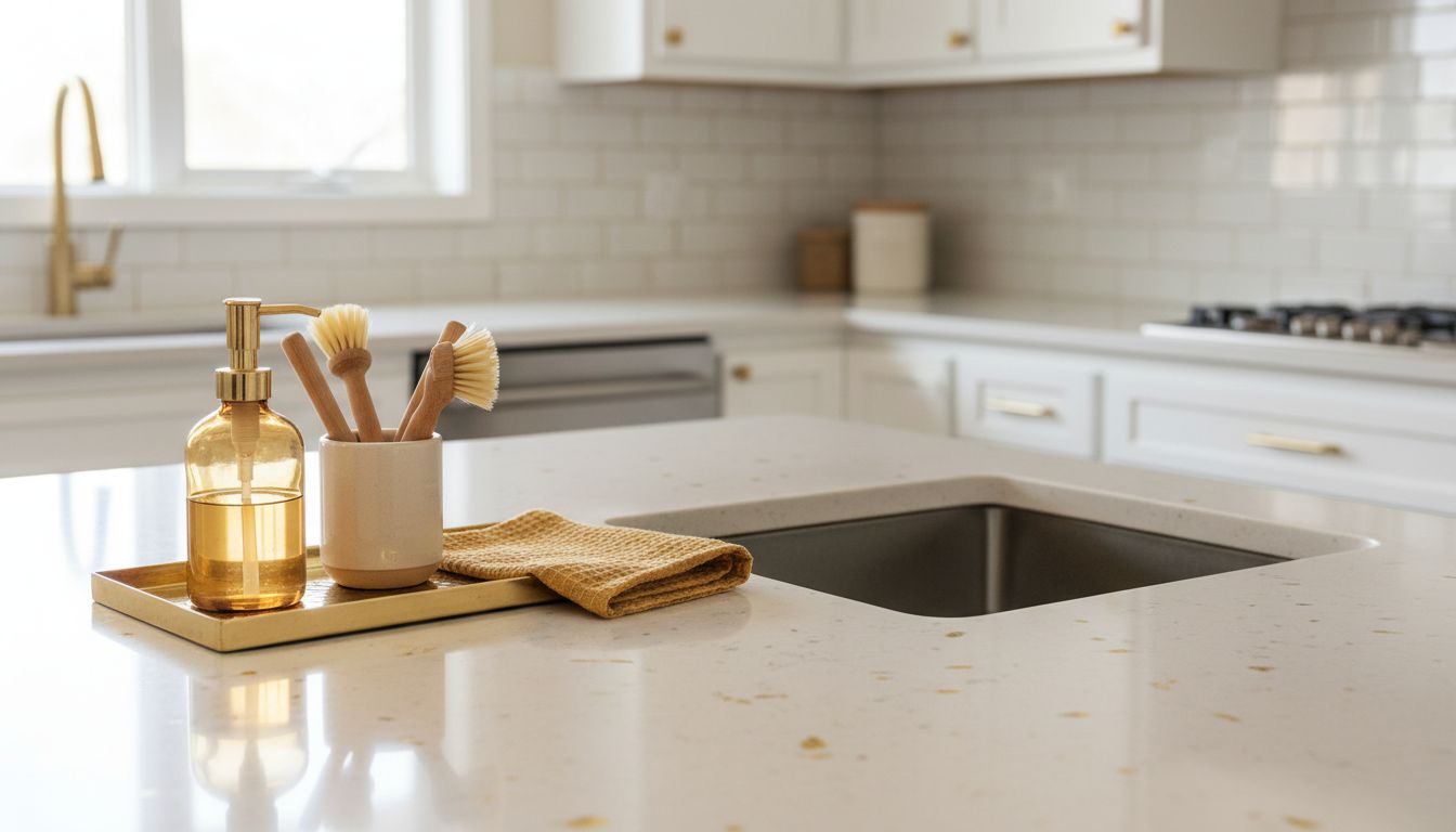 Sparkling kitchen counter with sink cleared and a small tray holding items removed from the surface