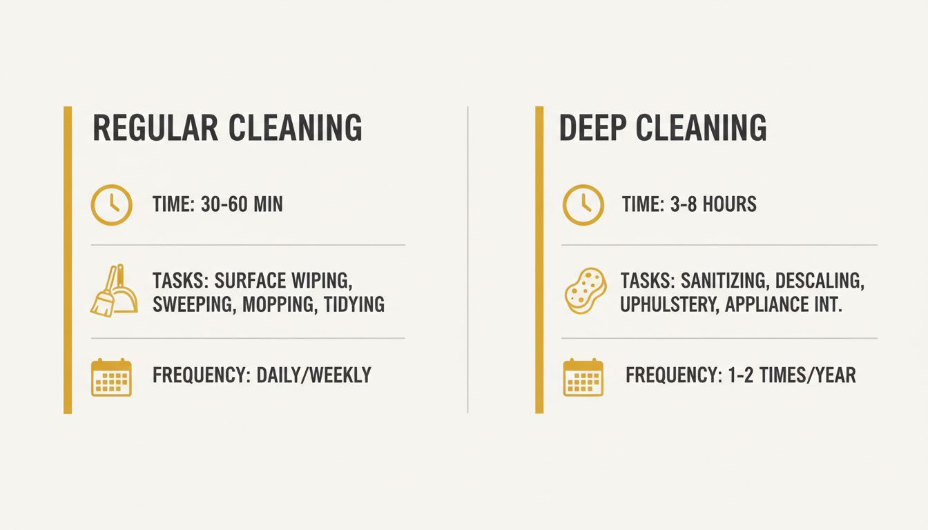 Clean, minimalist comparison visual of deep cleaning vs regular cleaning with icons for time, tasks, and frequency