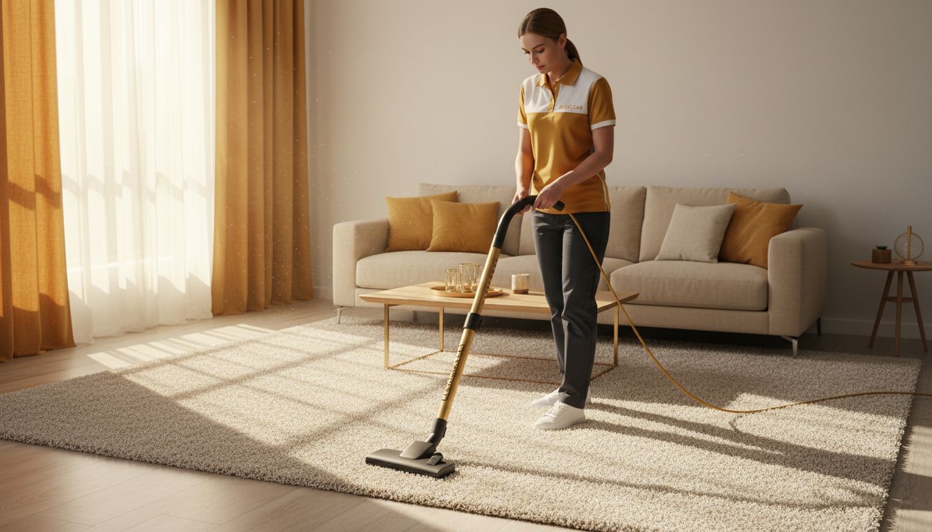 Cleaner vacuuming a living room rug with neat sofa and sunlight, professional high-quality photo