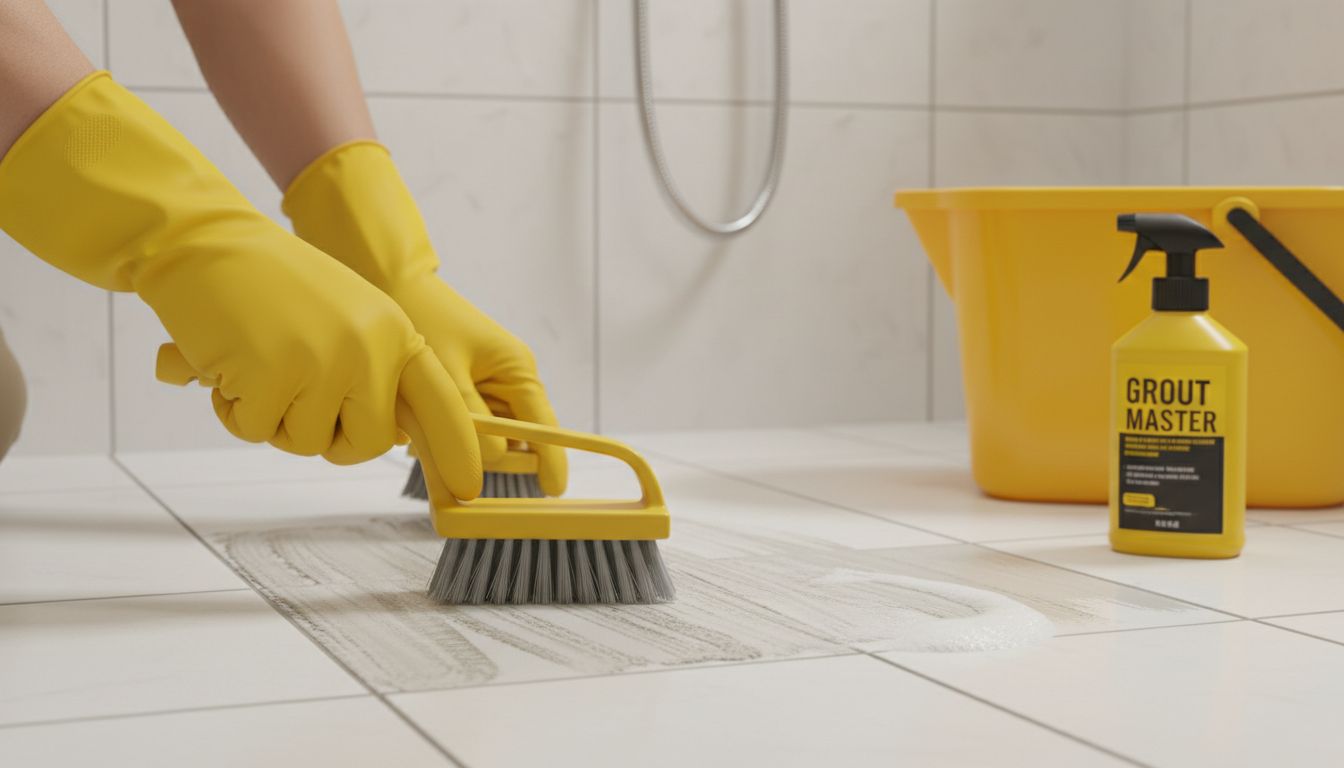 Cleaner scrubbing grout lines on bathroom tiles with gloves and brush, professional high-quality photo