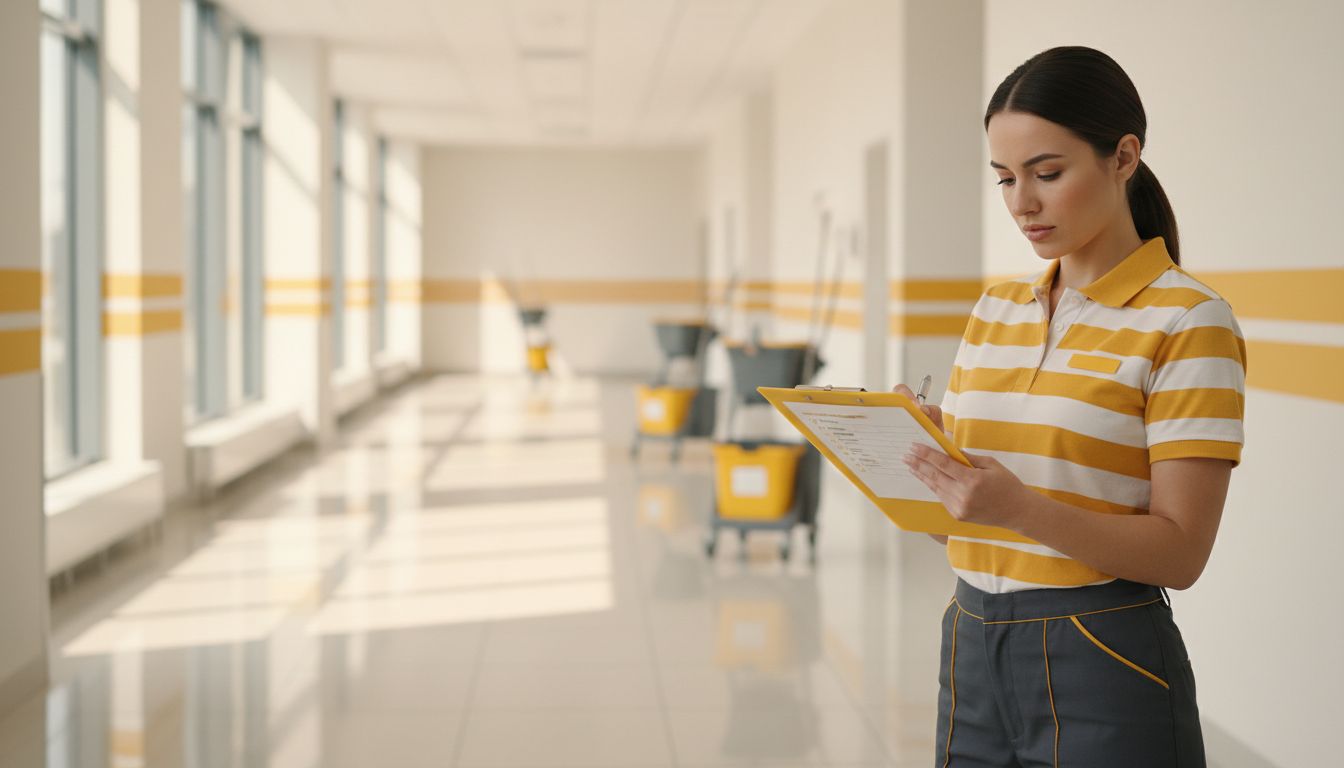Cleaner checking a checklist on a clipboard in a bright hallway, professional high-quality photo