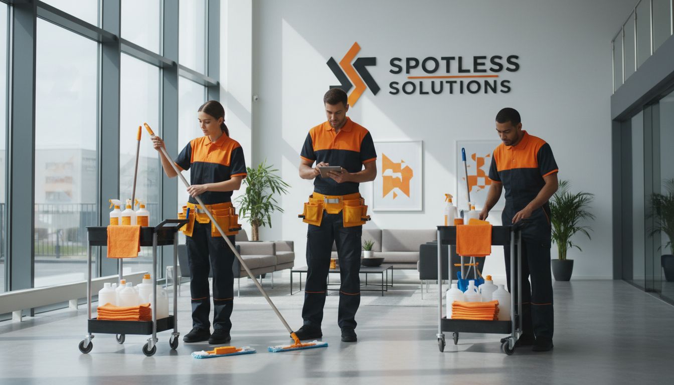 Cleaning team in uniform preparing supplies in a modern office lobby, professional high-quality photo