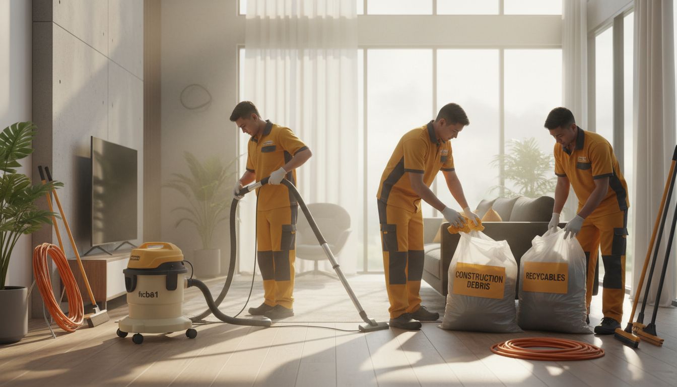 Professional post-renovation cleaning scene in a modern Cagayan de Oro living room with dust haze, microfiber cloths, HEPA vacuum, and labeled trash bags