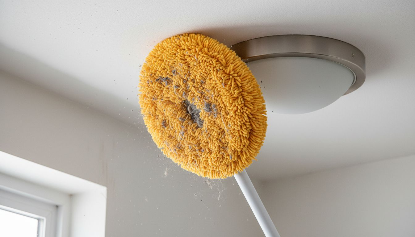Close-up of microfiber dusting a ceiling corner and light fixture with visible dust captured on cloth