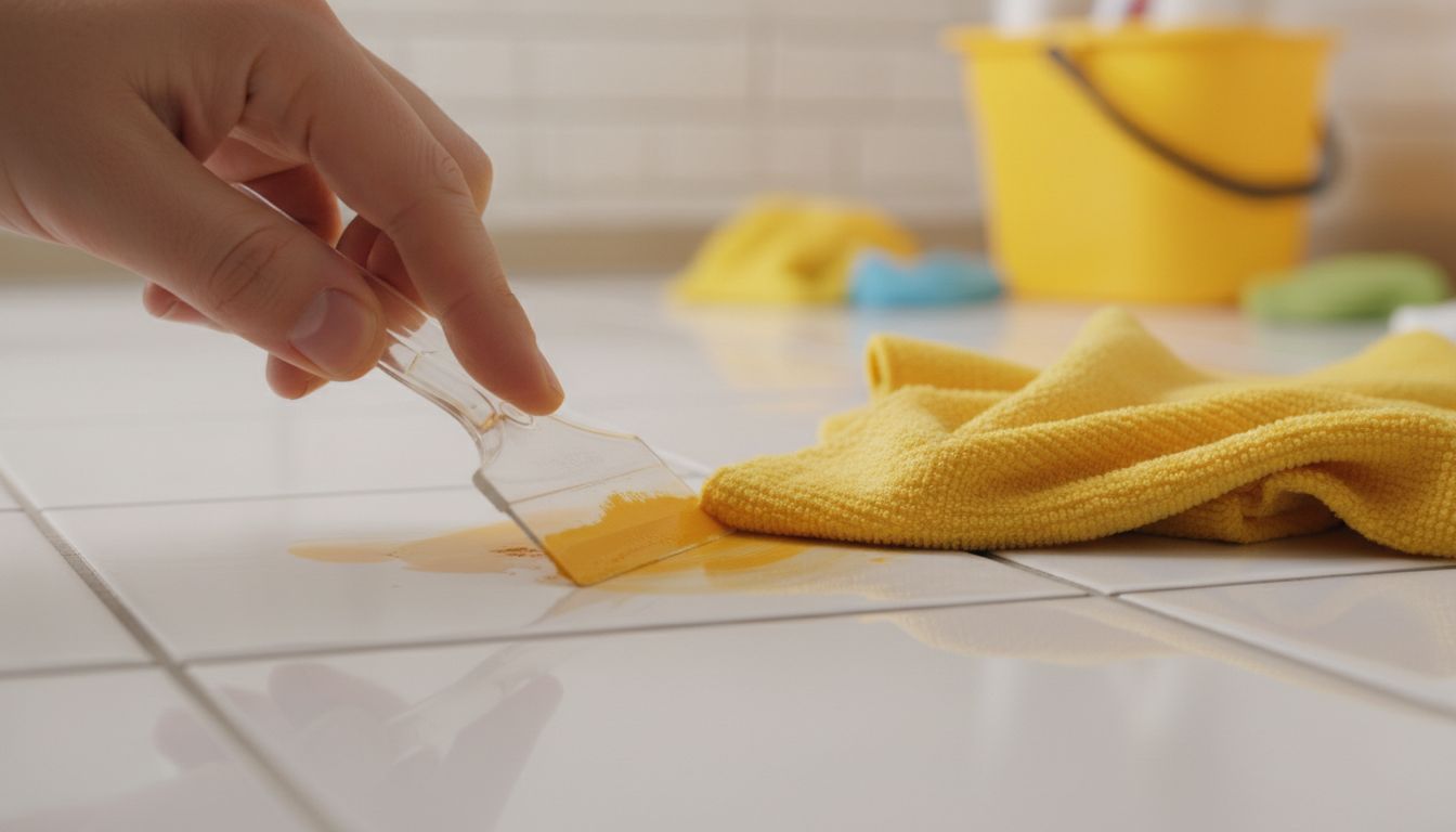 Detailed shot of removing paint splatter from tile using a plastic scraper and microfiber cloth