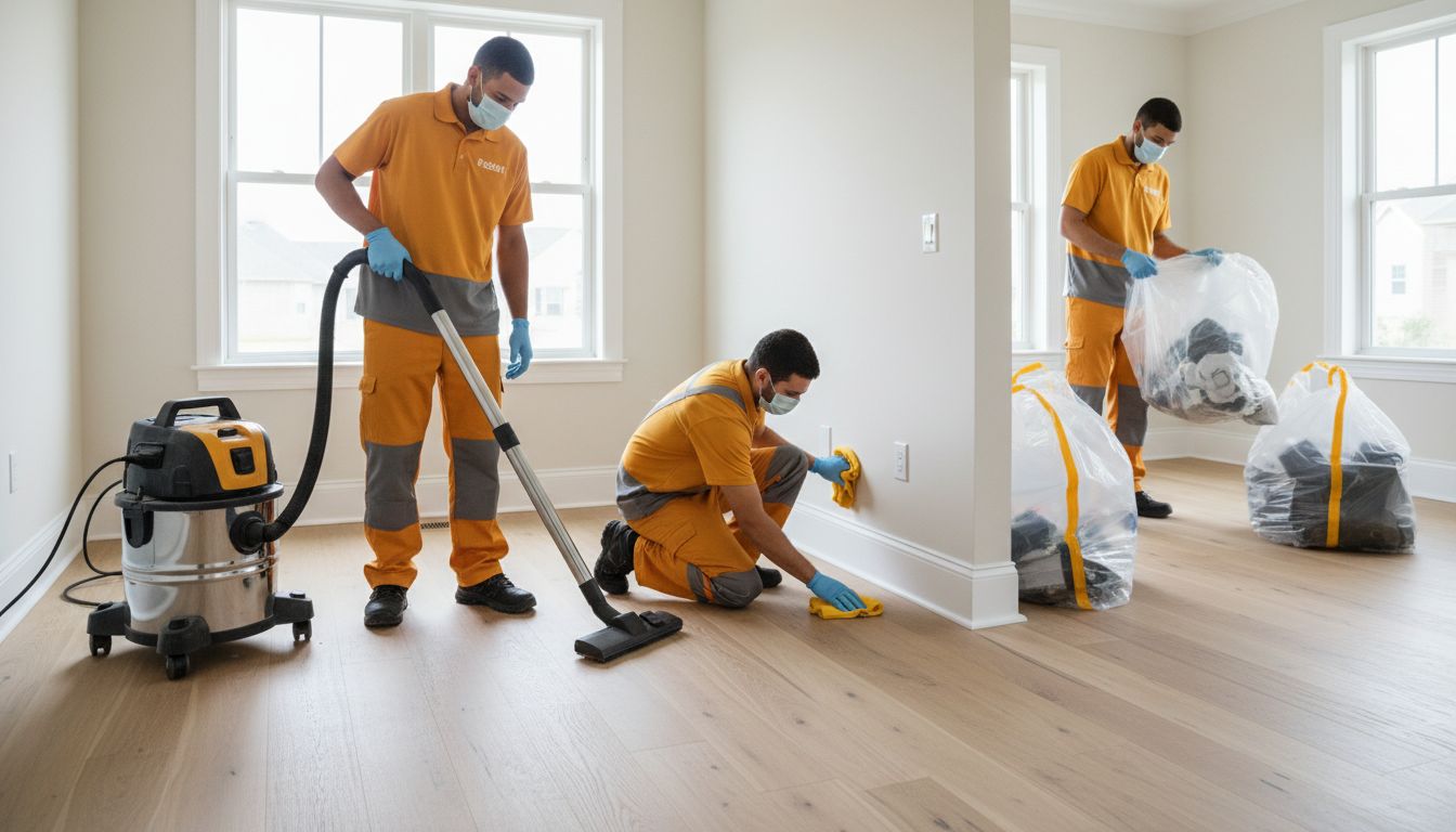 Uniformed cleaning team performing post-construction detailing—HEPA vacuuming edges, wiping baseboards, and bagging debris in a bright CDO home interior