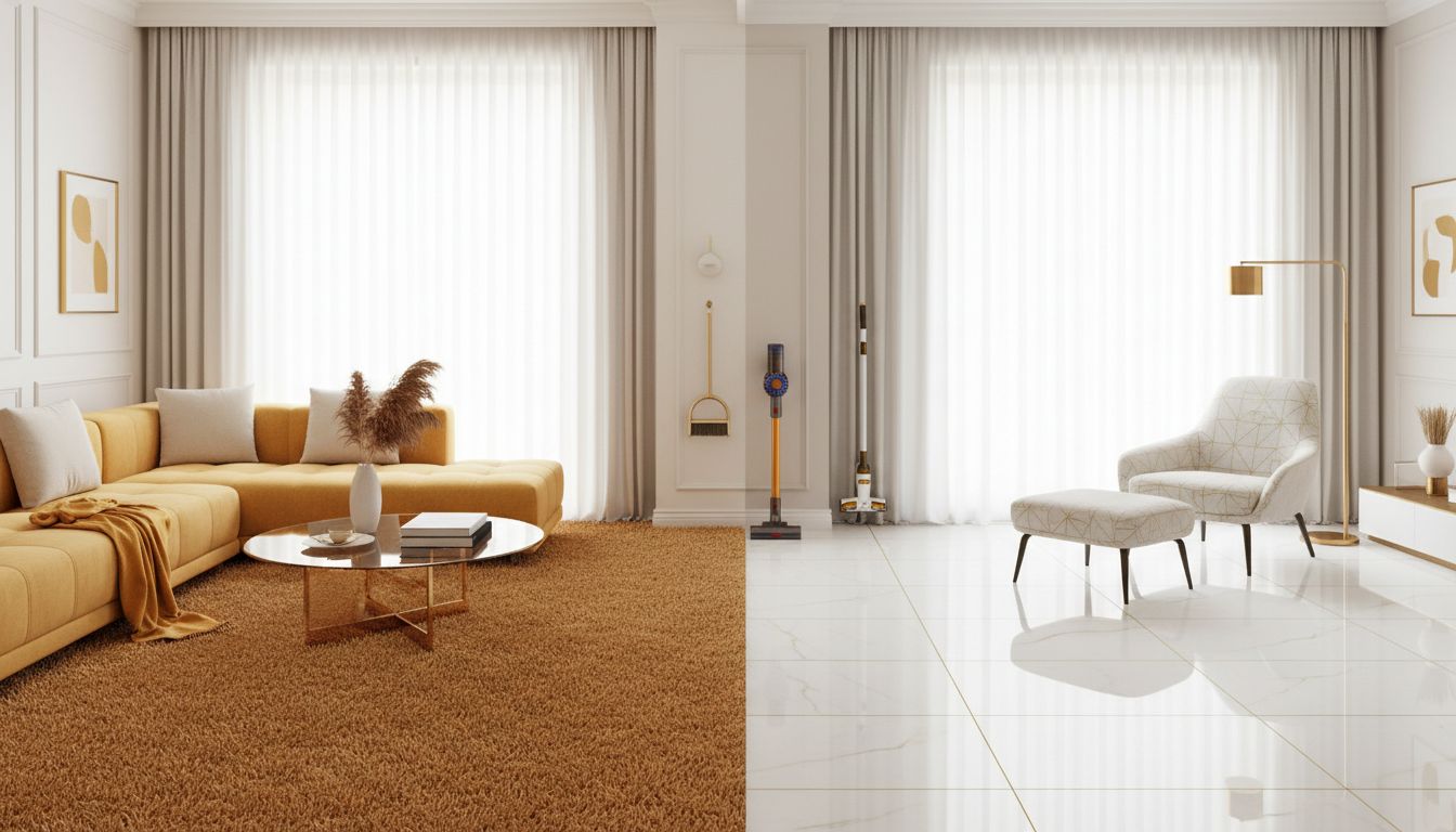 Bright, modern CDO living room split-view showing carpet on one side and tile on the other, with subtle cleaning tools nearby