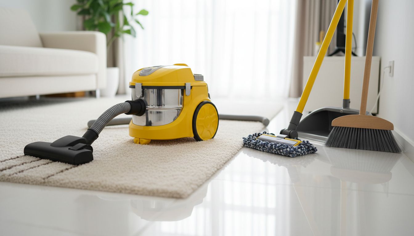 Close-up of a vacuum on carpet beside a mop and broom on tile, photographed in a clean condo setting