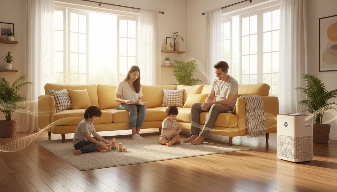 Family in a CDO home with sunlight, air purifier, and clean floors—visual emphasis on fresh indoor air