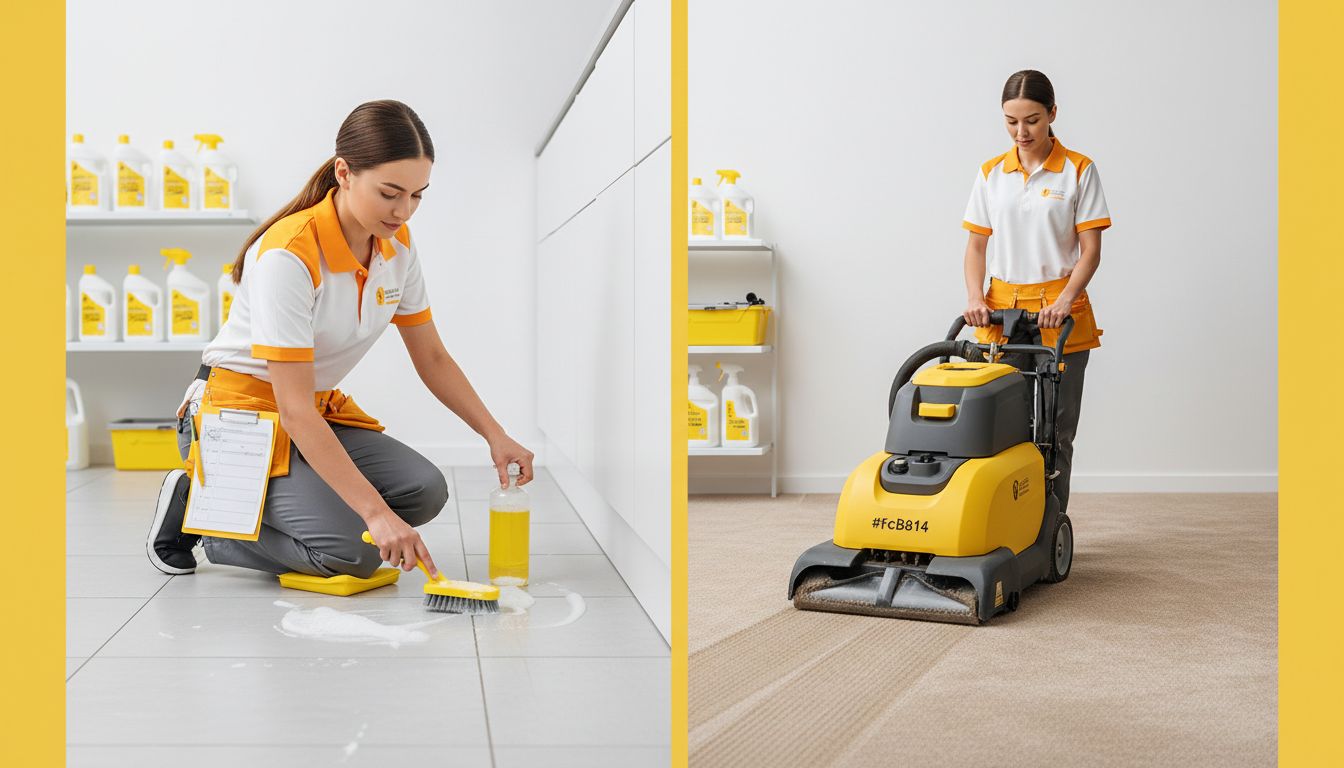 Professional cleaner kneeling to scrub tile grout on one side and operating a carpet extractor on the other, clean uniform, checklist vibe