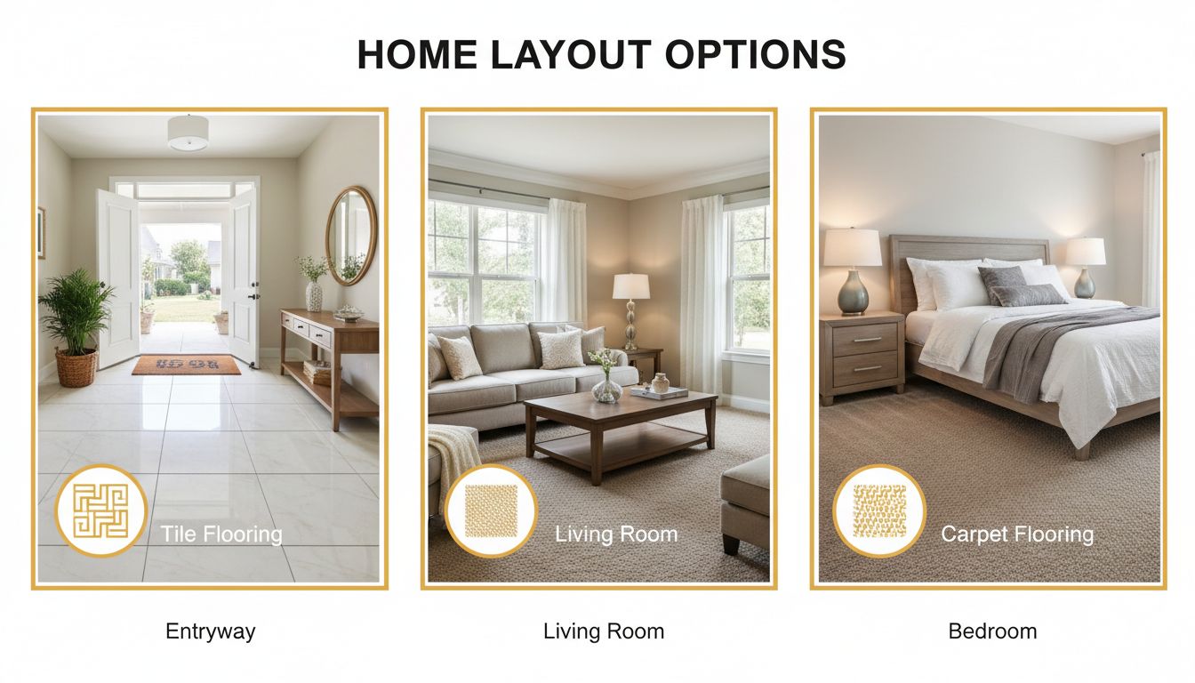 3-panel home layout showing entryway, living room, bedroom with flooring icons for tile and carpet