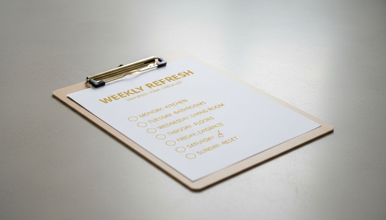 Minimalist weekly cleaning checklist on a clipboard on a clean floor background