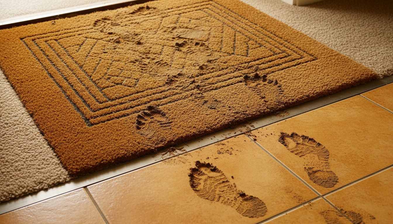 Muddy footprints near a doorway with a doormat, showing both carpet edge and tile edge in frame