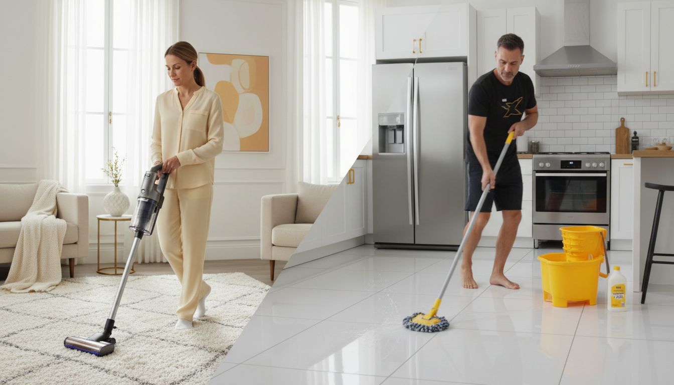 Split scene—one person vacuuming carpet calmly, another quickly mopping tile, both in tidy modern homes