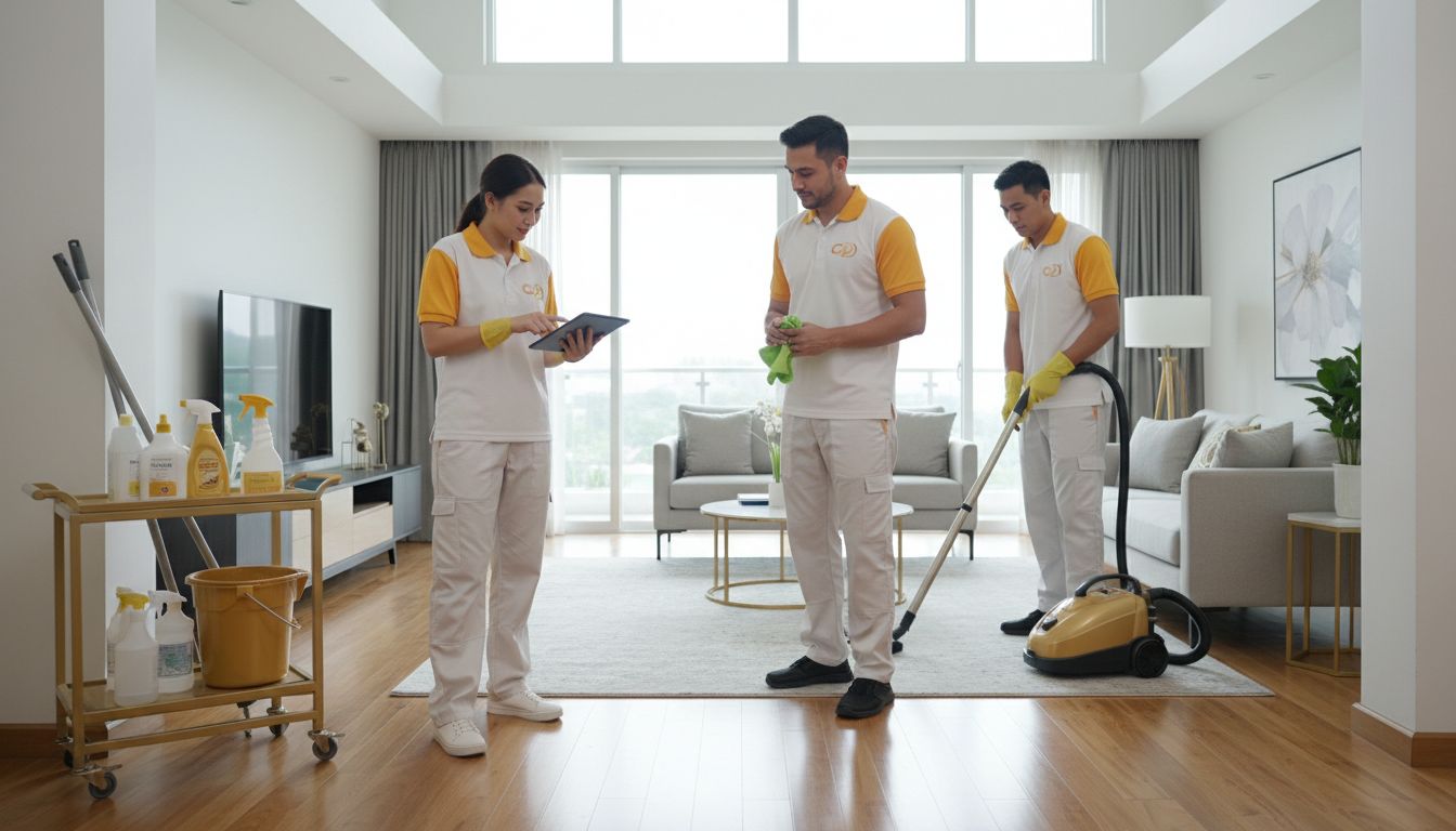 Professional cleaning team in uniforms using checklist and equipment in a CDO home interior