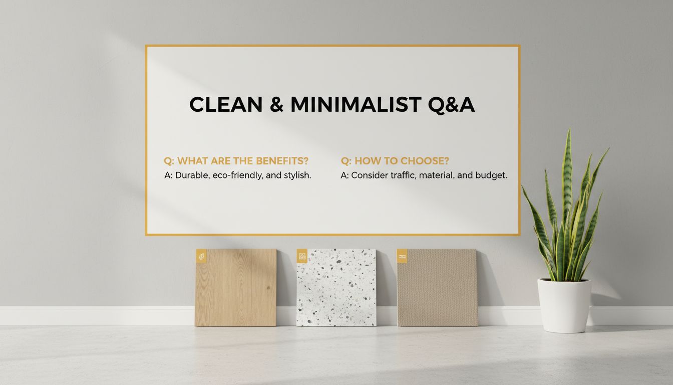 Clean minimalist Q&A layout with flooring samples and a small plant