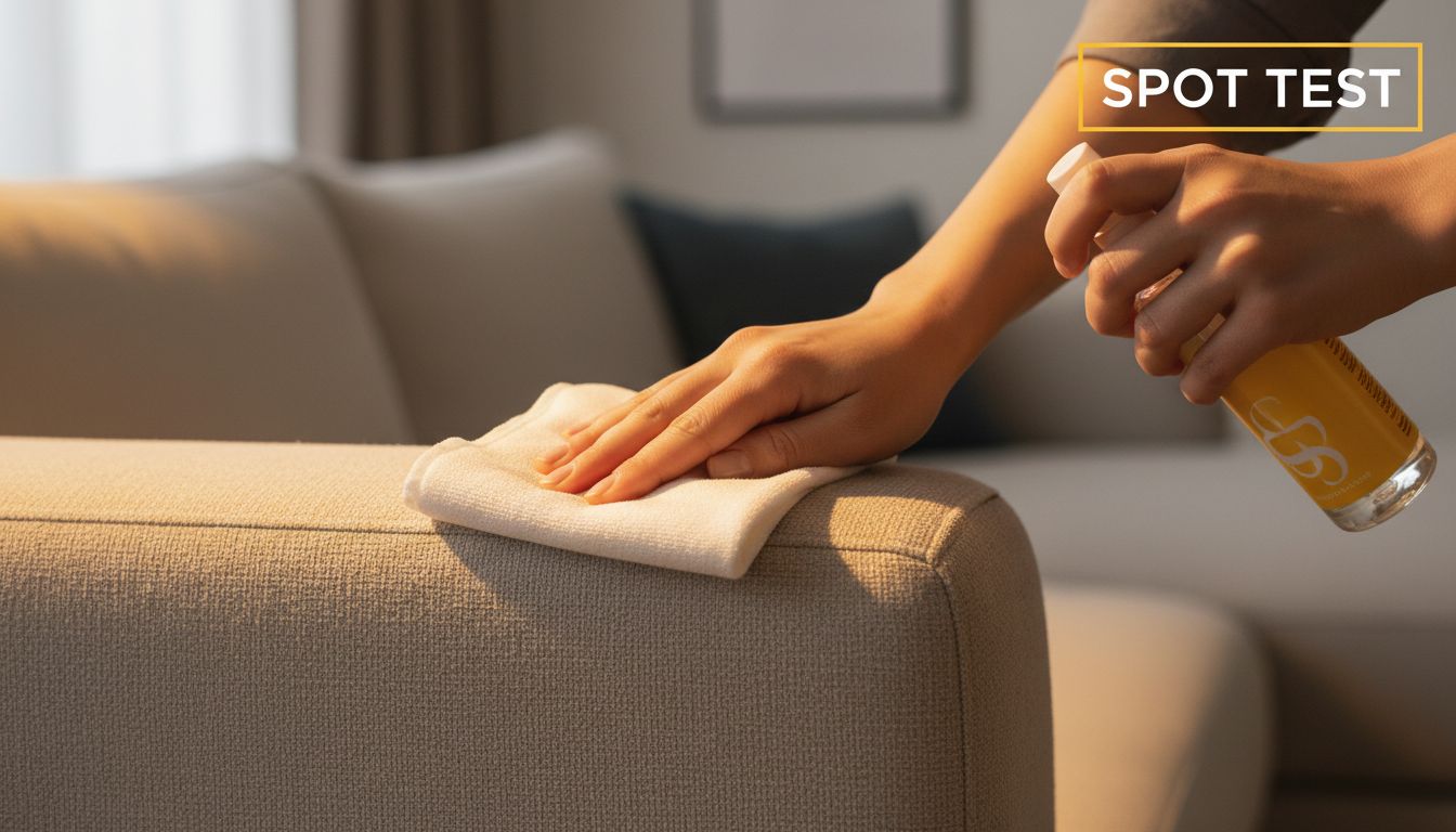 Close-up of hands performing a spot test on a hidden sofa seam using a white microfiber cloth